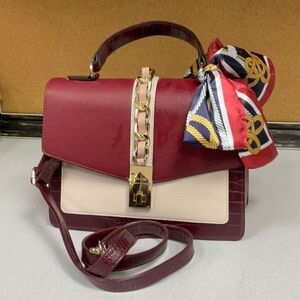 Aldo Burgundy and Cream Top-Handle Satchel with Scarf Accent